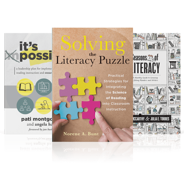 The books It's Possible, Solving, the Literacy Puzzle, and Seasons of Literacy