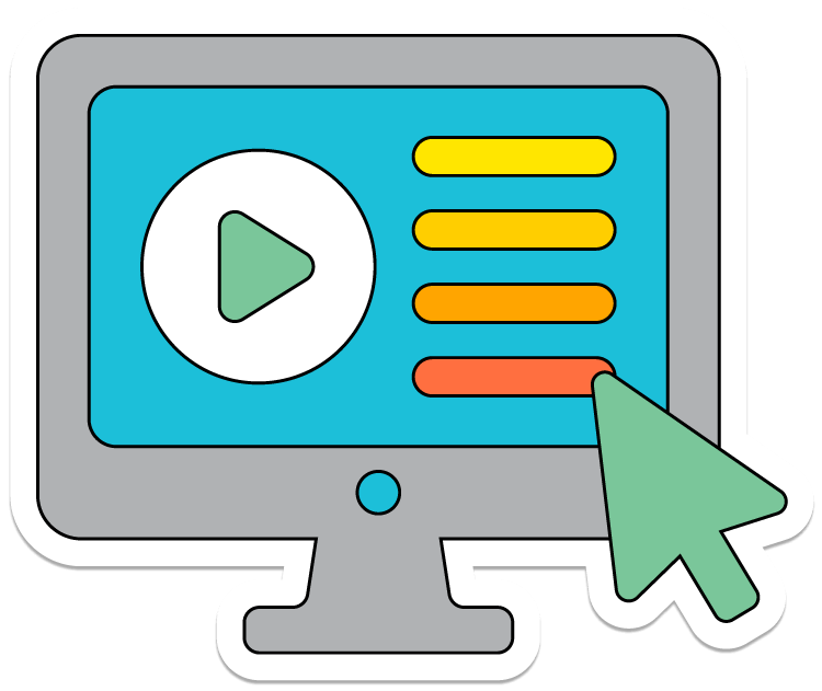 Computer screen with a play button sticker